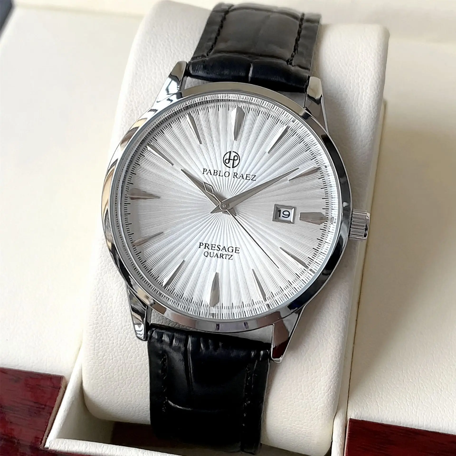 Reloj de pulsera de cuarzo para hombre, de marca, de negocios, resistente al agua, con calendario, correa de cuero (incluye caja y batería de repuesto)