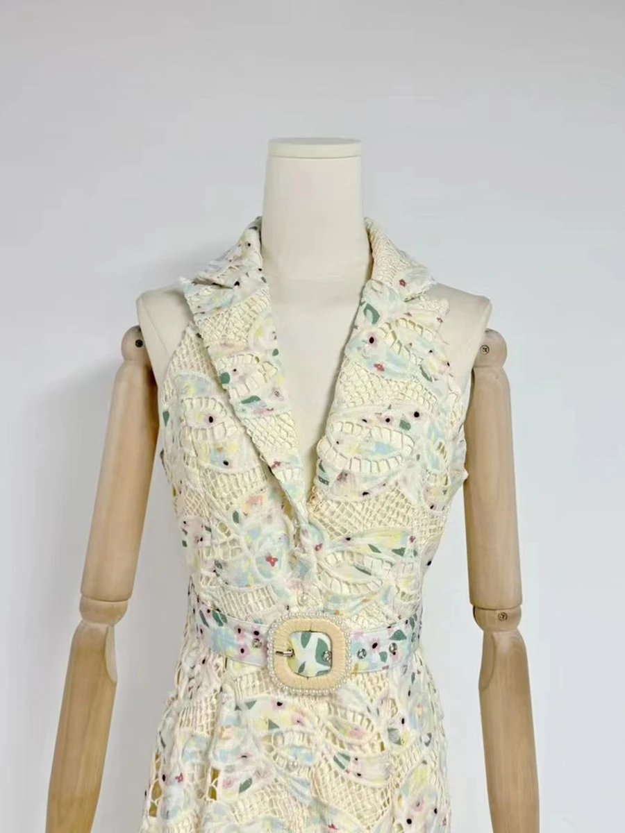 TWOTWINSTYLE, vestidos adelgazantes calados de Color intenso para mujer, vestido sin mangas con solapa de cintura alta, vestido con temperamento, estilo de moda femenina