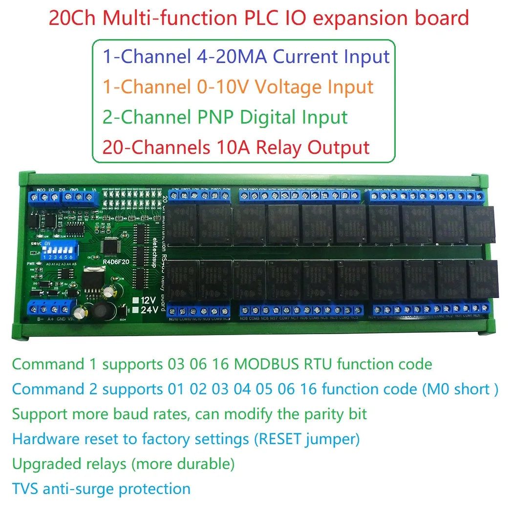 Módulo IO analógico Digital de interruptor RS485 integrado de 20 canales con expansión Modbus RTU PLC UART, lectura de voltaje de 0-10V de corriente de 4-20MA