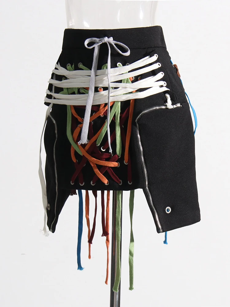 TWOTWINSTYLE-falda con cordones empalmados para mujer, ropa de calle de colores, cintura alta, dobladillo Irregular, Patchwork, cremallera, elegante