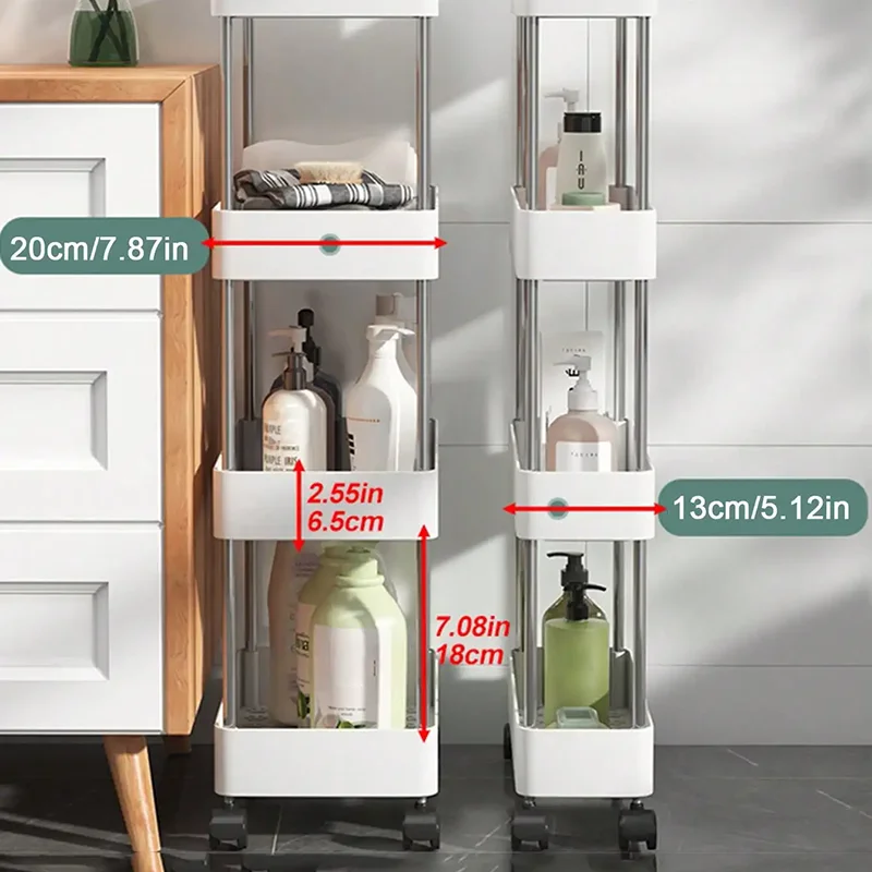 Estante de almacenamiento con huecos móviles de 3/4 niveles, carrito de utilidad rodante, estante de almacenamiento, cocina, baño, organizador deslizante delgado, estante para sala de estar