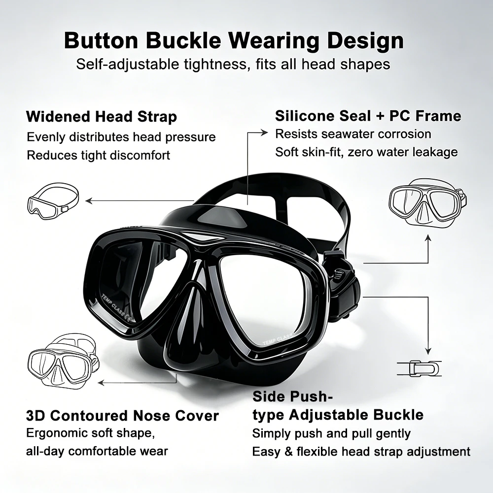 Máscara de Snorkel, Gafas de Natación, Faldón de Silicona para Buceo, Lente de Vidrio Templado, Vista Panorámica, Entrenamiento, con Cubierta Nasal y Correa Ajustable