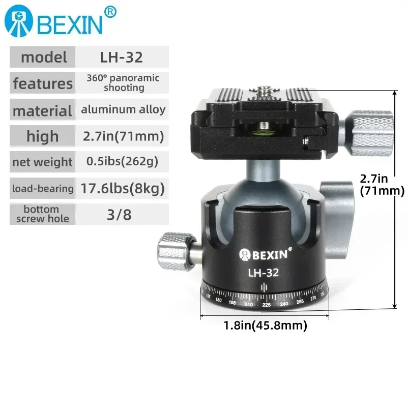 BEXIN-trípode de cabeza esférica con tornillo de 3/8 pulgadas, trípode giratorio de 360 grados de aleación de aluminio para fotografía, para cámara DSLR LH28/LH32