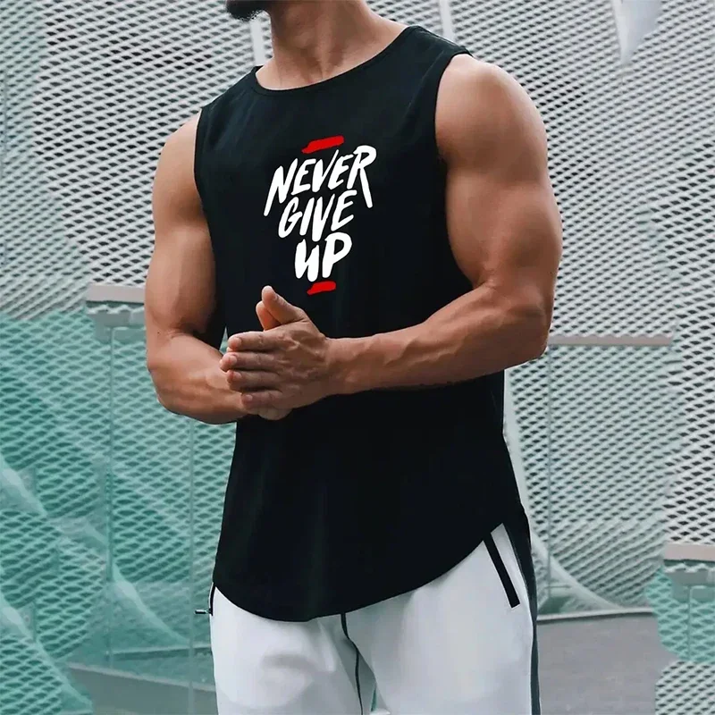 Never Give Up-Chaleco para correr para hombre, malla holgada, secado rápido, transpirable, entrenamiento muscular, culturismo, Fitness, camiseta sin mangas deportiva de baloncesto
