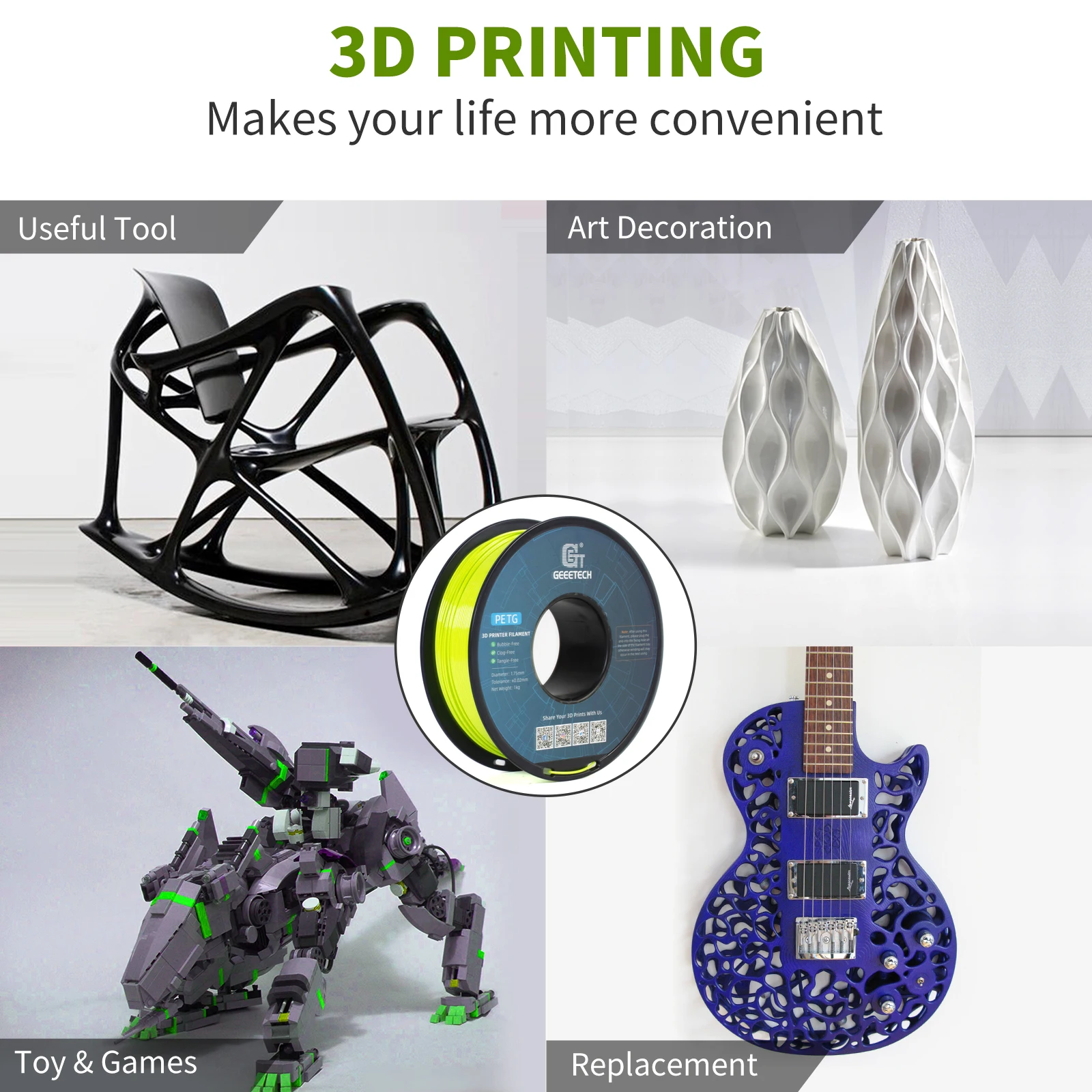 Geeetech 2 Rollos de Filamento PETG de 1.75mm +/-0.02MM, Hilo de Impresión 3D, Plástico Colorido, Almacenes Locales para la Mayoría de las Impresoras 3D FDM