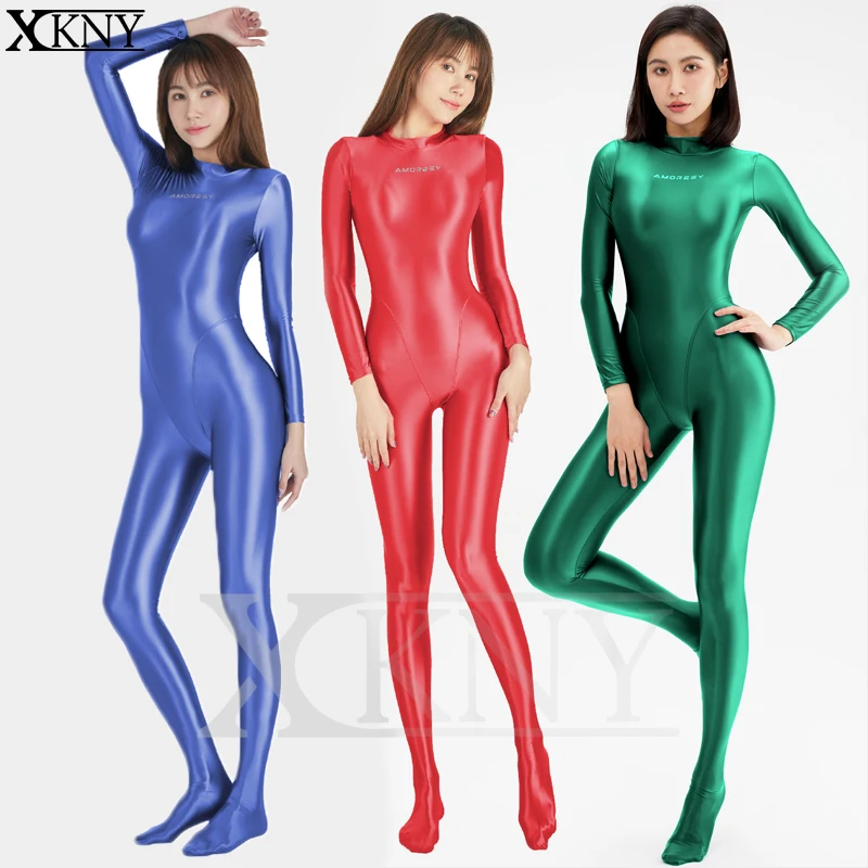 AMORESY - Mallas satinadas de manga larga, mallas de yoga lisas de cuerpo entero, trajes deportivos informales, monos XClocKNYoung