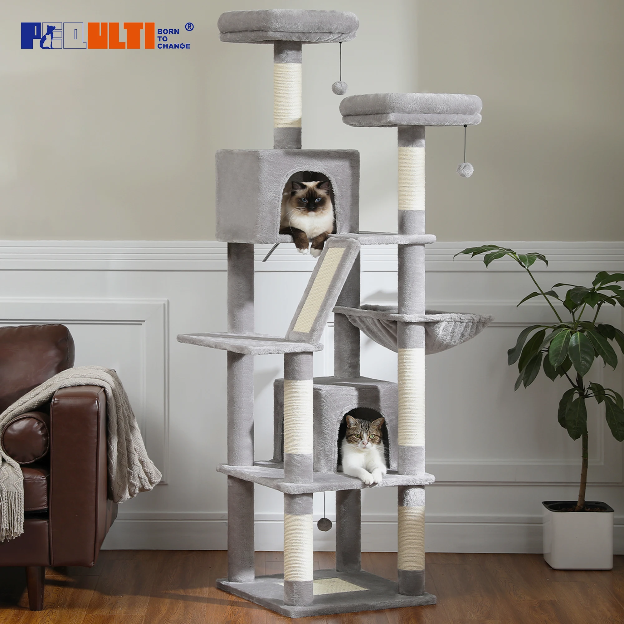 Árbol grande para gatos, torre alta para gatos de interior, Condo de gato de peluche de varios niveles con postes para rascar, tablas para rascar, perchas, cuádruplas