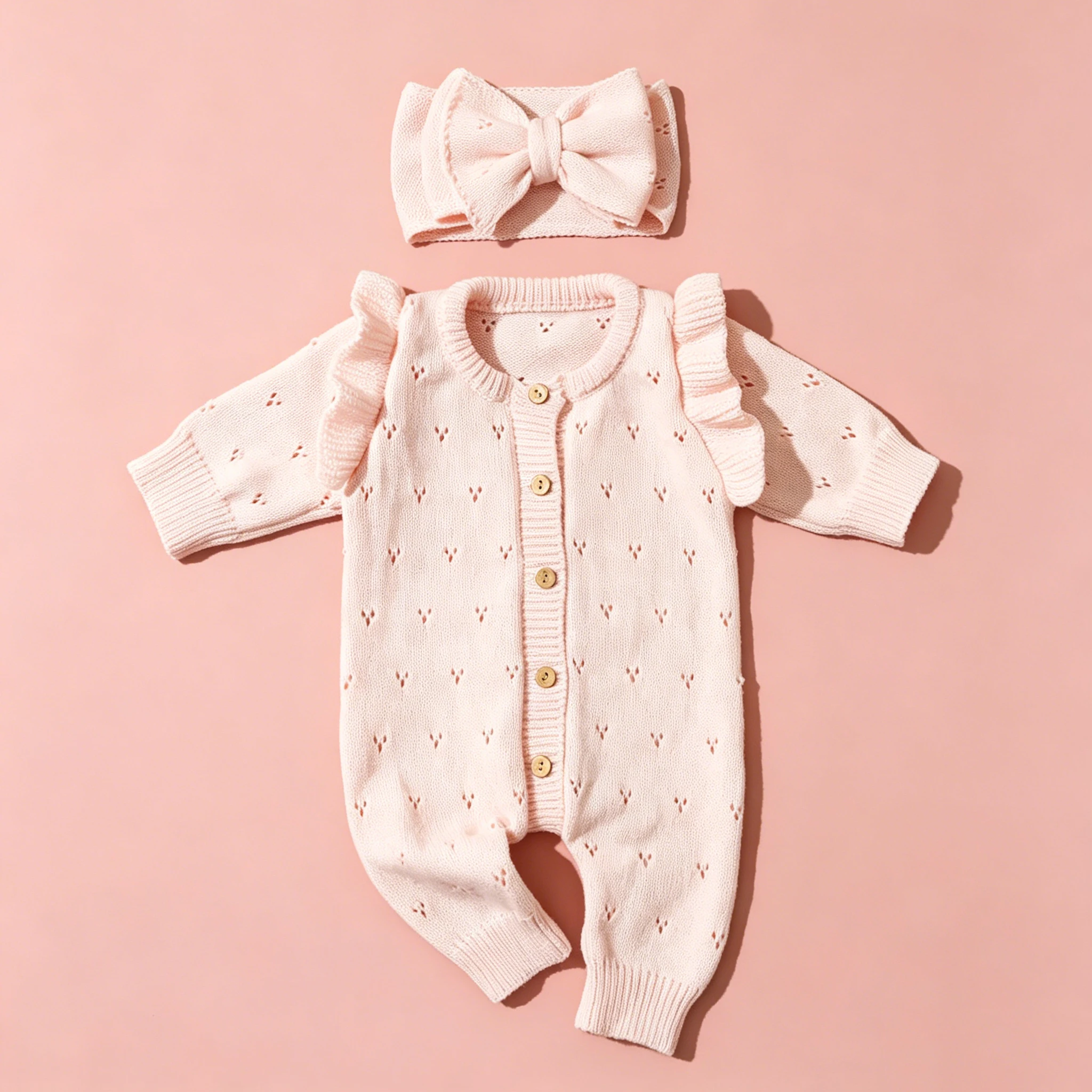 Ylsteee Conjunto de pelele de punto para bebé recién nacida con diadema de lazo, mono de punto con volantes y corazones para fotografía y uso diario de 0 a 3 meses