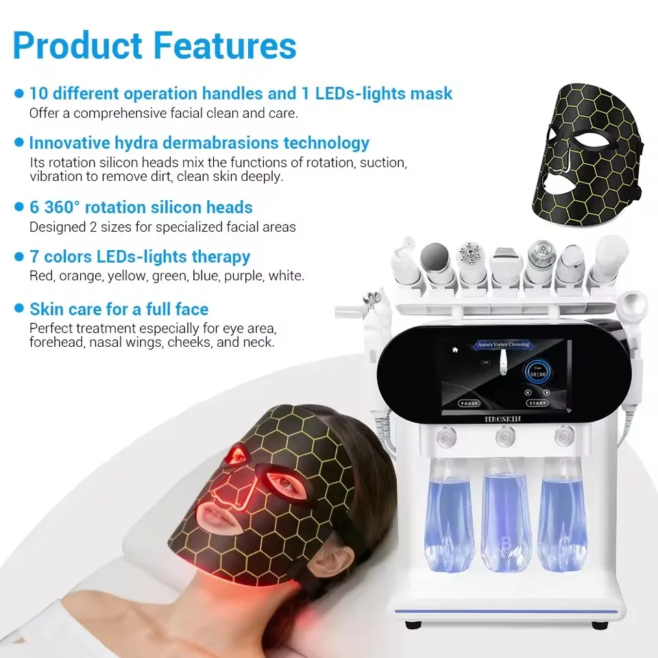 Nueva Tecnología, Máquina Facial Hydra Beauty 11 en 1 con Mango de Succión y Rotación Vortex 360, Portátil, Eliminación de Puntos Negros