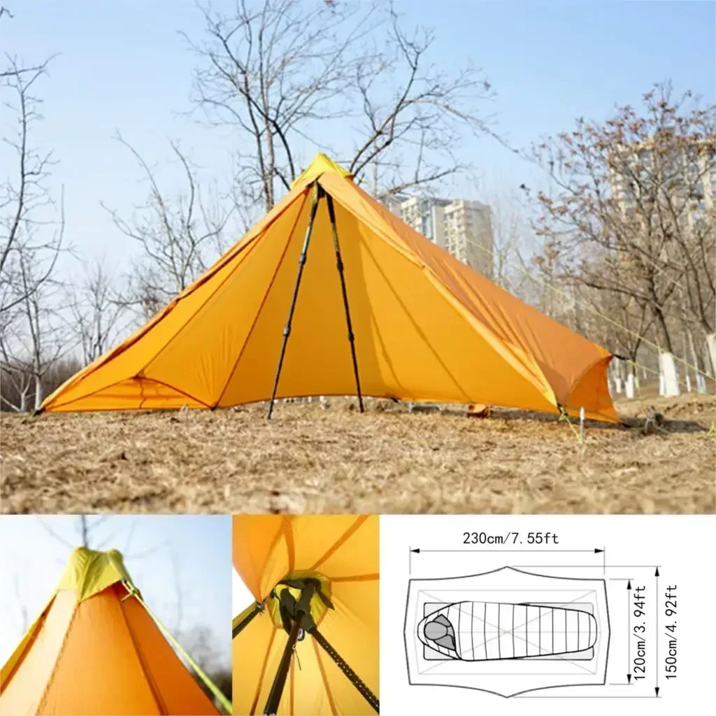 1 persona, 4 estaciones, ultraligero, nailon 20D, pirámide sin vástago recubierta de silicona de ambos lados, hoja plana de 410g o tienda interior de malla de verano de 230-260g