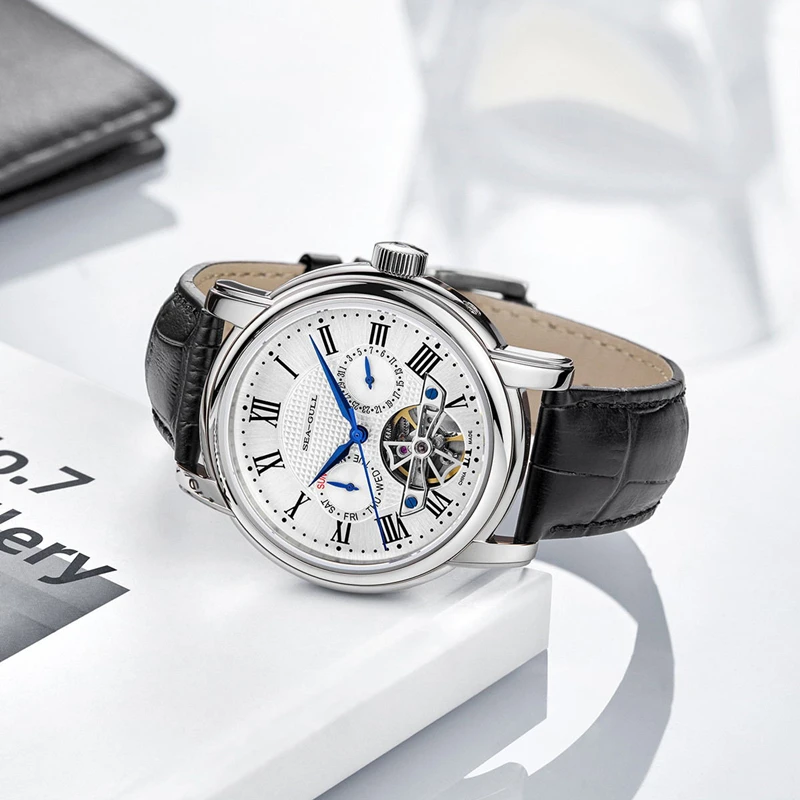 Nuevo reloj de pulsera mecánico automático para hombre, movimiento Seagull ST25, reloj de negocios informal Flywhee hueco a la moda para hombre 819.624