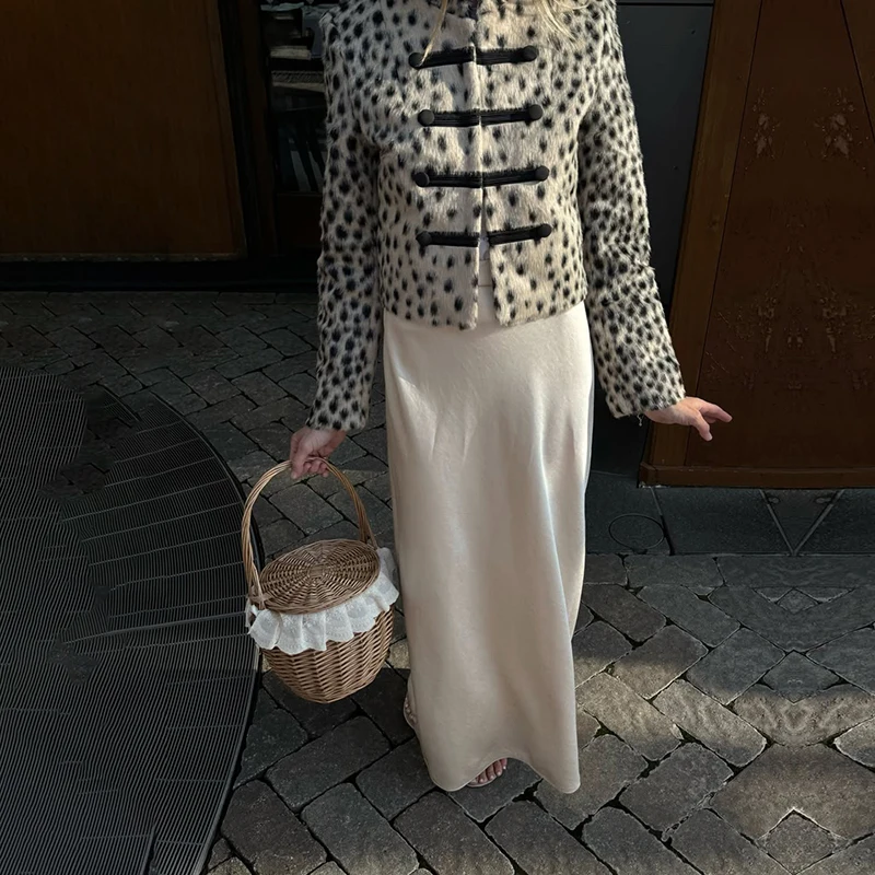 Chaqueta Corta de Mujer con Estampado de Leopardo y Piel Sintética, Estilo Vintage, Cuello Alto, Botones, Manga Larga, Ropa de Abrigo, Novedad 2026, Chaquetas Urbanas para Mujer