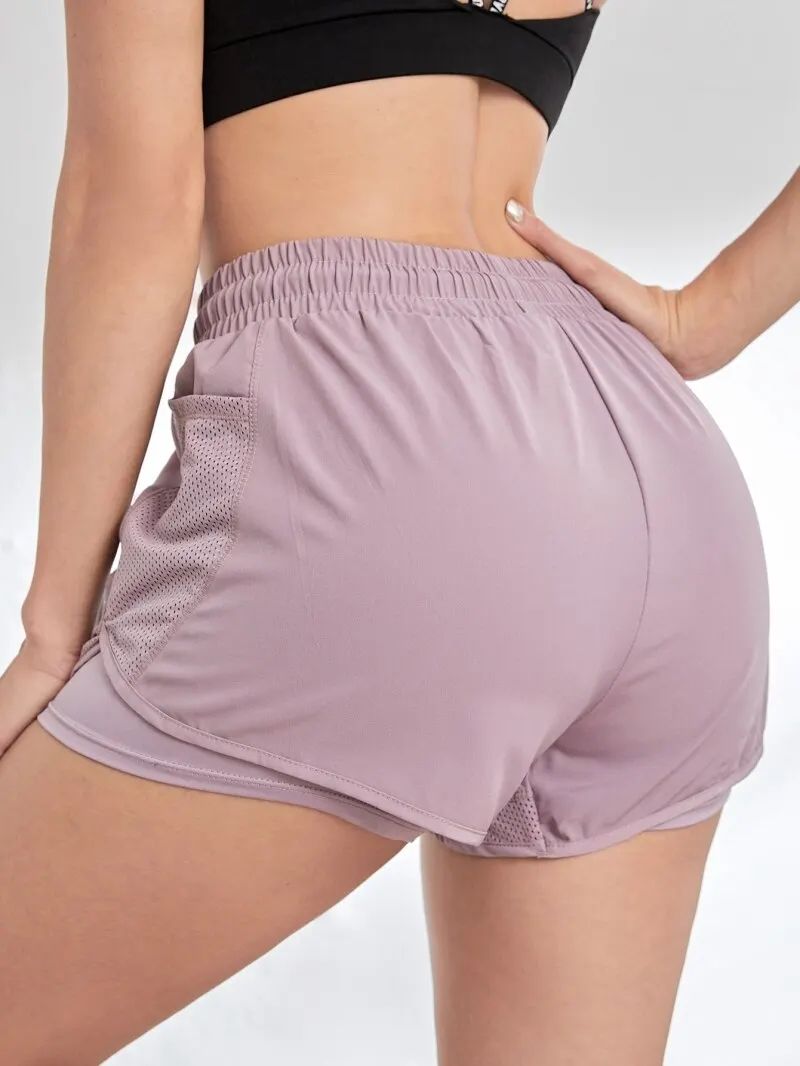 Pantalones cortos deportivos elásticos para mujer, pantalones cortos con bolsillos, mallas de yoga falsas de dos piezas para correr y entrenar