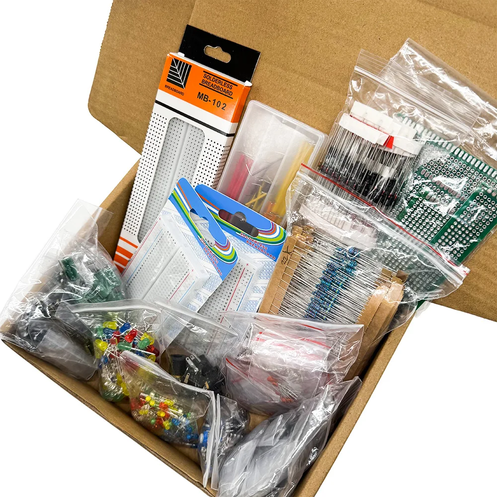Kit de componentes electrónicos, edición definitiva, varios condensadores comunes, resistencias, T0-92, placa PCB LED, placa de pruebas DIP-IC, 2110 Uds.