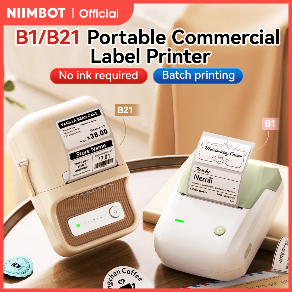 Impresora térmica portátil NIIMBOT B21/B1, impresora de pegatinas inalámbrica de 1500mAh con etiquetas autoadhesivas para joyería de ropa de código de barras