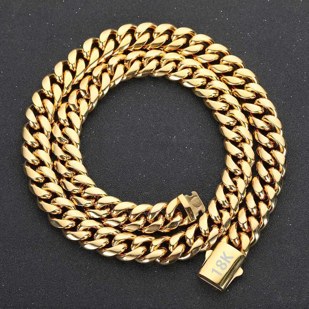Cadena Cubana de Acero Inoxidable de Alta Calidad, Color Dorado, Ancho de 8-14 mm, Resistente al Agua, para Hombre y Mujer, Collar de Eslabones, Varios Tamaños