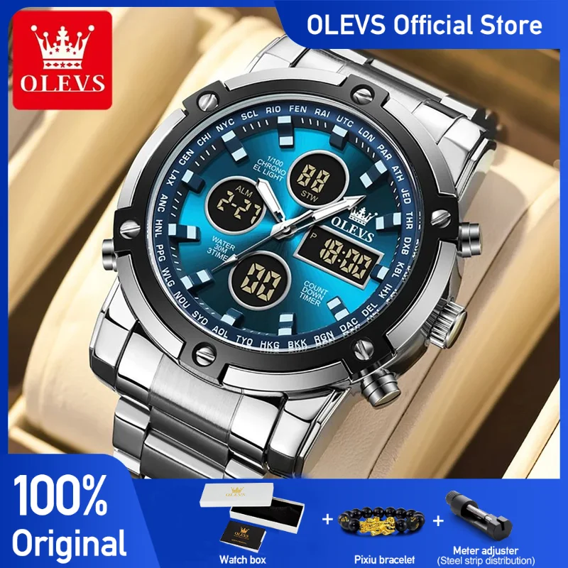 Relojes OLEVS para hombre, reloj electrónico multifuncional Original para hombre, reloj despertador luminoso resistente al agua, vestido de moda