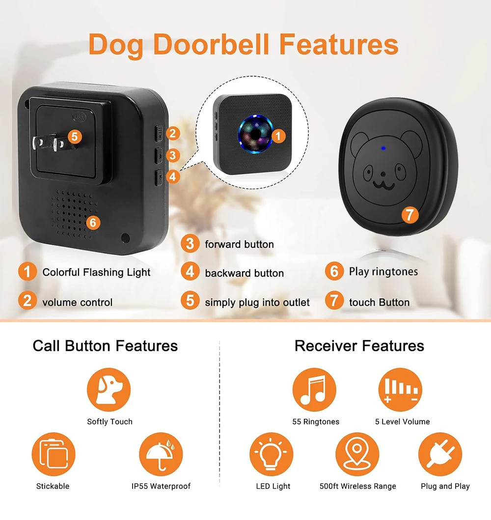 KONLEN-timbre inteligente para perro, timbre inalámbrico para entrenamiento de orinal, campanilla de comida para perros, botón táctil para mascotas, anillo para cachorros para salir