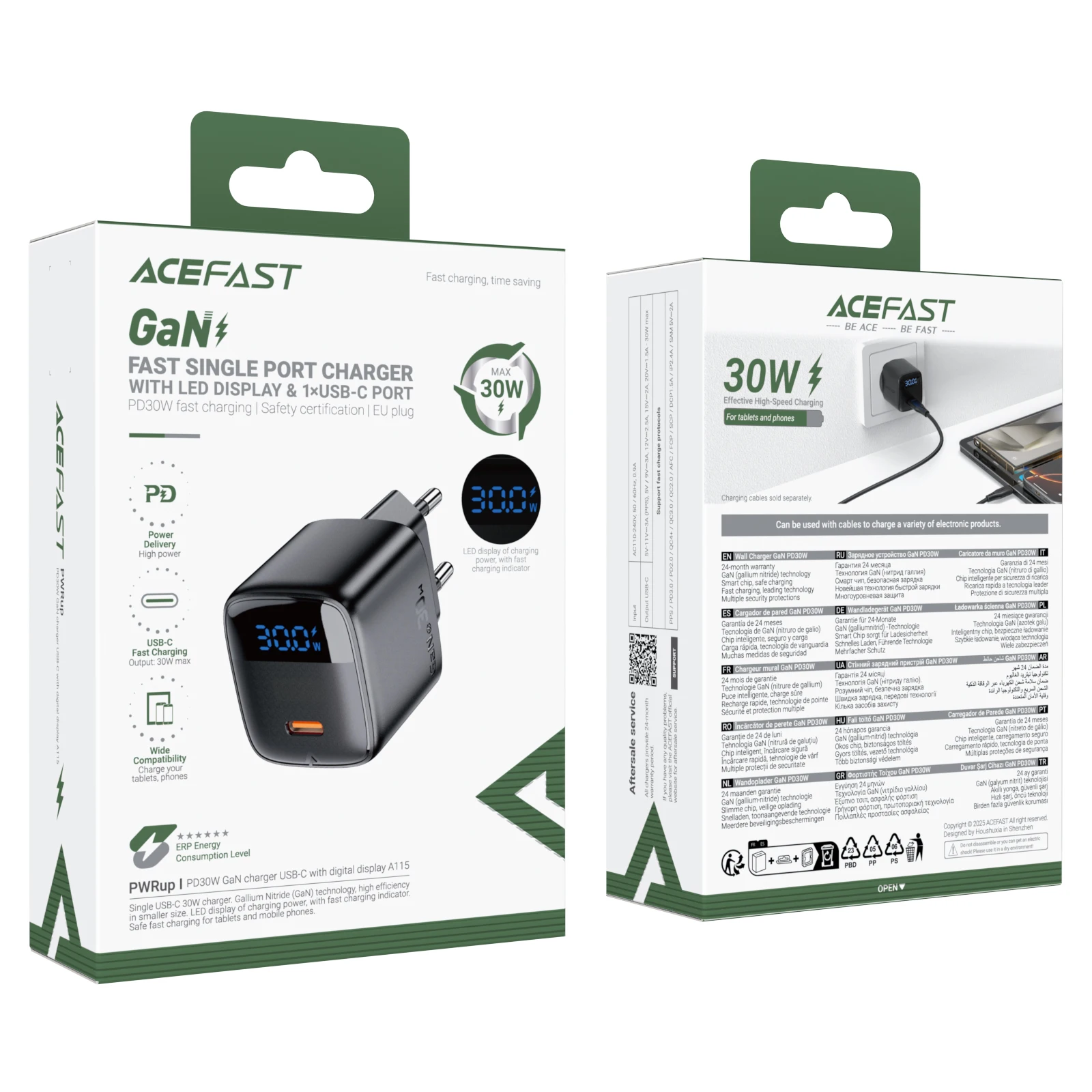 ACEFAST GaN PD30W cargador de carga rápida para teléfono UE para iPhone 16/15 Pro Max USB C adaptador de pantalla Digital LED de pared para Samsung S25