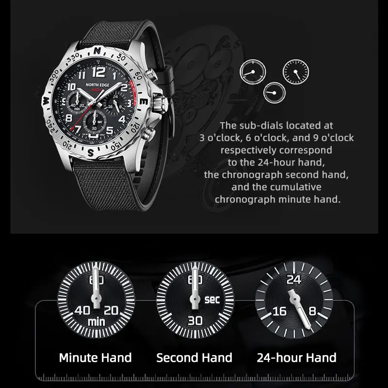 Reloj NORTH EDGE 2025 MACH 2 para Hombre, Energía Solar, Caja de Acero Inoxidable 316, Reloj de Cuarzo, Piloto, Resistente al Agua 50M, Cronómetro