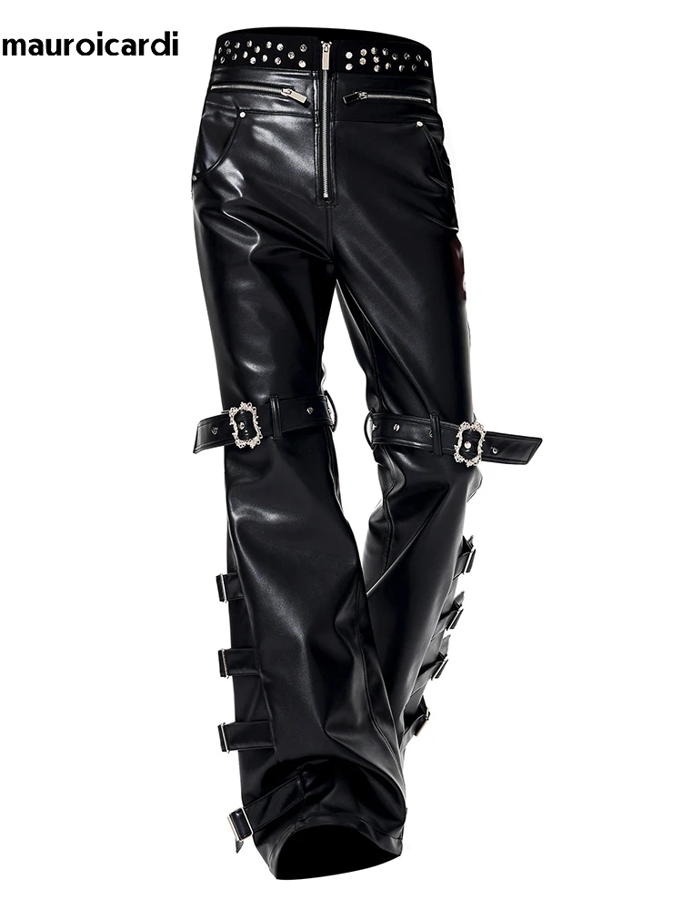 Pantalones Largos de Cuero PU Negro para Hombre, Estilo Flare, de Mauroicardi, para Primavera y Otoño, con Remaches, Diseño de Lujo, Estilo Emo Alternativo