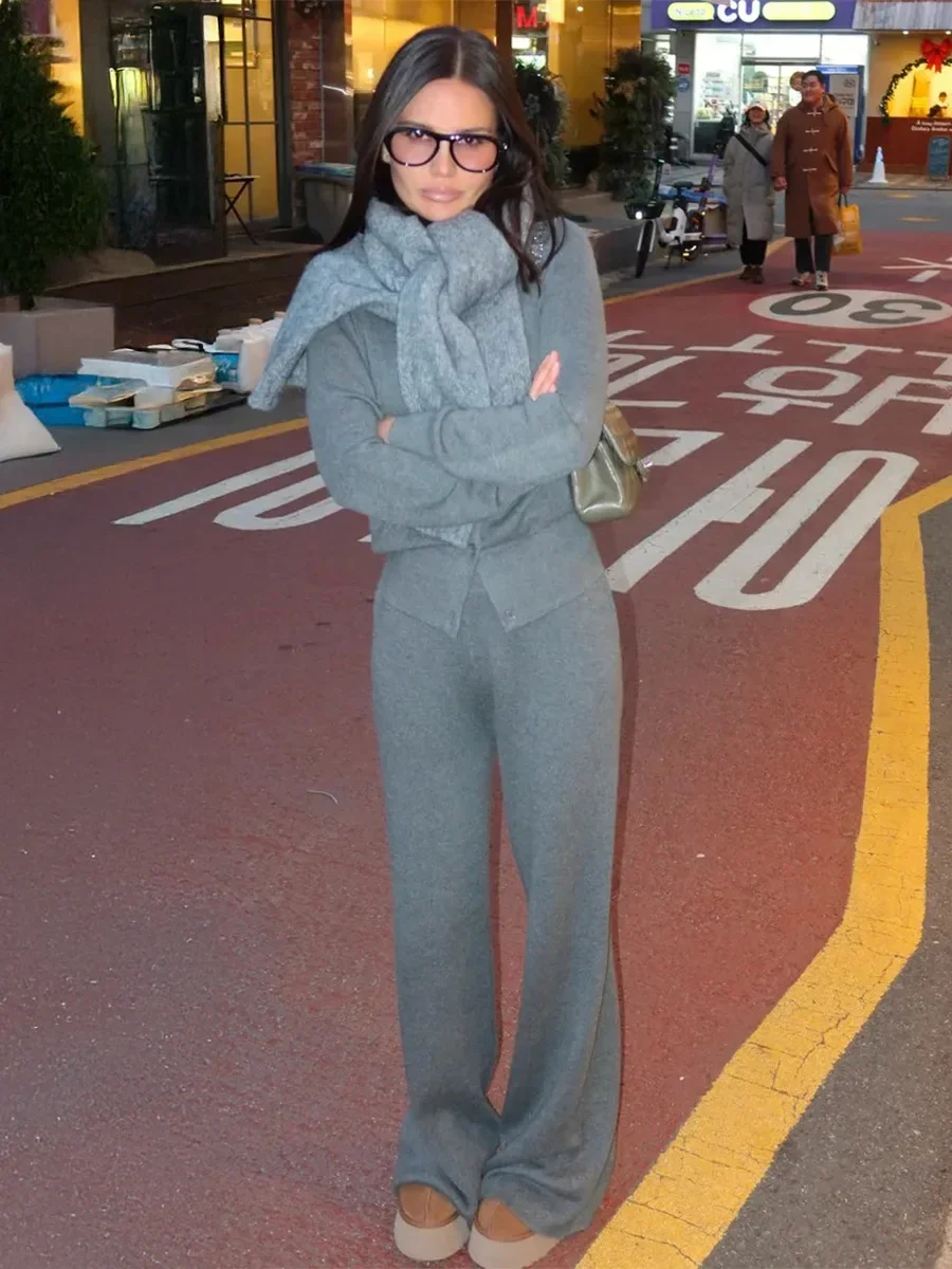 Wolfeel, nuevo cárdigan de punto para otoño e invierno para mujer, conjunto de pantalones ajustados de manga larga, pantalones largos, traje de suéter Simple de Color sólido