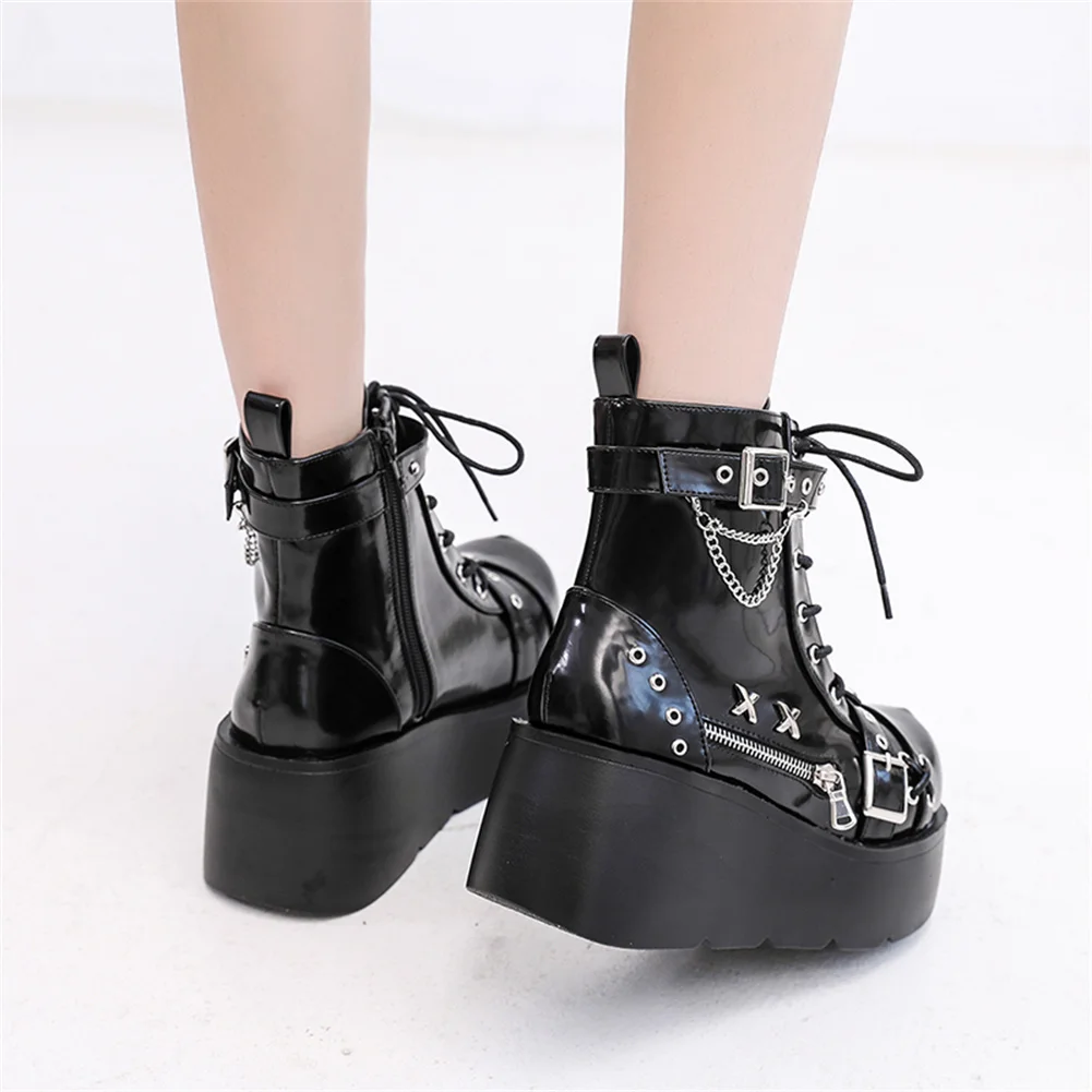 Botines de plataforma góticos para mujer, nuevos, con hebilla, cremallera y remaches, estilo punk, con tacón de cuña, para fiesta y calle.