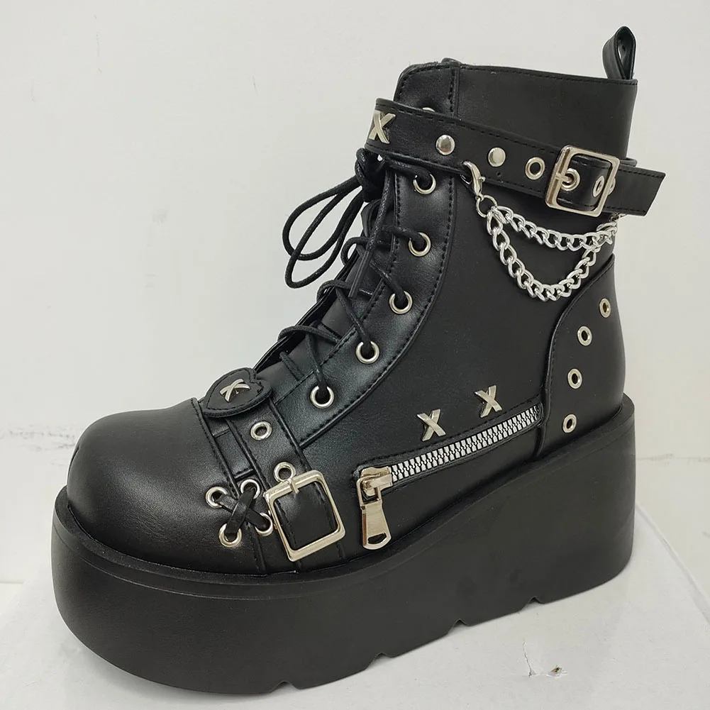 Botines de plataforma góticos para mujer, nuevos, con hebilla, cremallera y remaches, estilo punk, con tacón de cuña, para fiesta y calle.