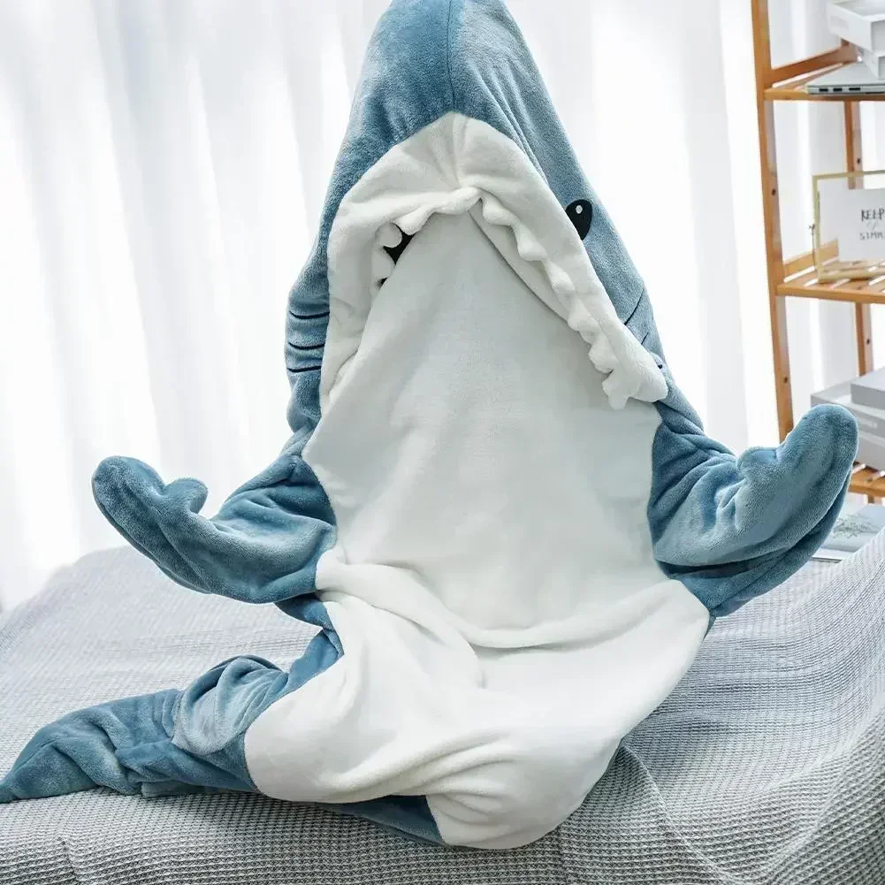 Manta de tiburón de dibujos animados con capucha para mujer, mono Kigurumi para niños y padres, franela cálida con capucha, ropa de casa divertida, mono de tiburón, saco de dormir