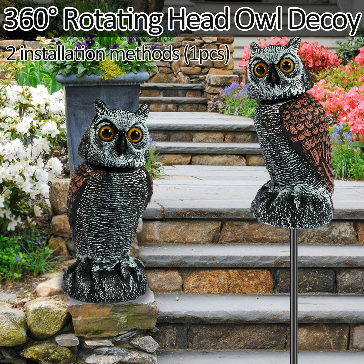 Dispositivos de control de aves Owl Spare con 360 °   Cabeza giratoria impermeable búho falso espantapájaros señuelo simulación realista búho pájaro disuasivo