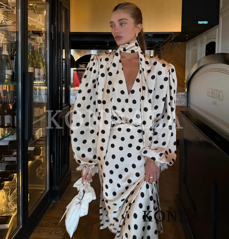 Conjunto de Falda con Estampado de Lunares de Moda para Mujer KONDALA, Camisa con Cuello de Bufanda y Escote en V, Falda Larga, Nueva Moda Primavera Verano 2026