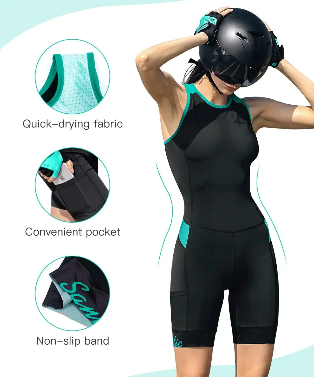Santic Trajes de ciclismo para triatlón para mujer, sin mangas, acolchados de esponja, de secado rápido para correr y nadar