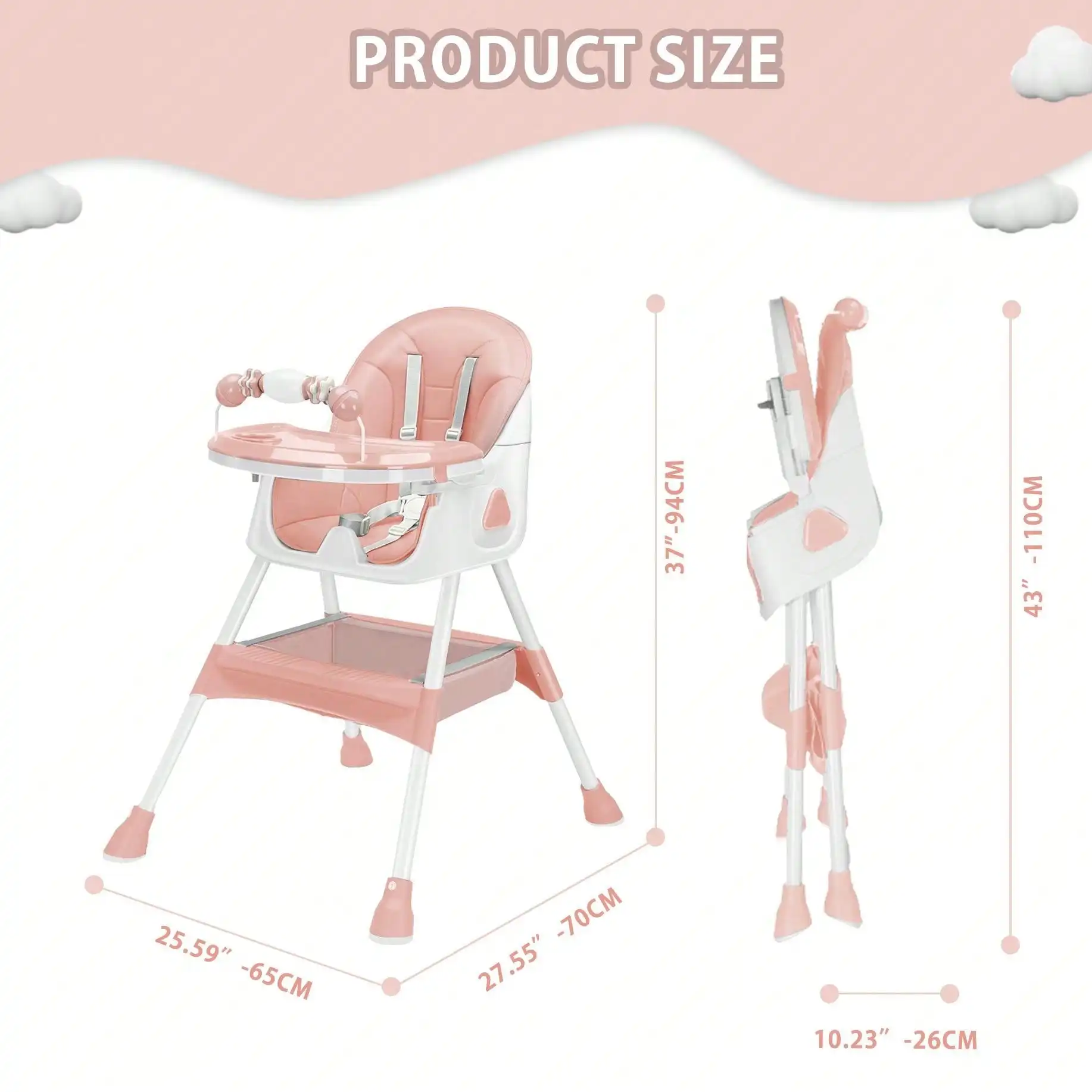Trona para bebé 3 en 1, trona plegable y ajustable para bebés con bandeja extraíble, cinturón de seguridad, reposapiés y ruedas