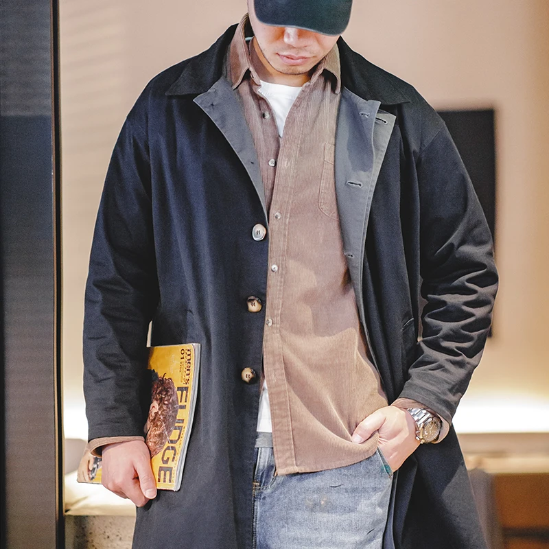 Maden Casual Balmacaan Trench Coat Loose Fit Verde Cortavientos Heavyweight Twill Vintage Chaquetas Largas para Hombres Otoño e Invierno