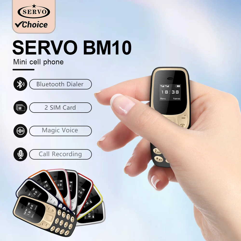 SERVO BM10 Mini función de teléfono Dual SIM Dual Standby marcación de voz reproductor Mp3 de baja radiación con gancho para la oreja teléfono celular de bolsillo