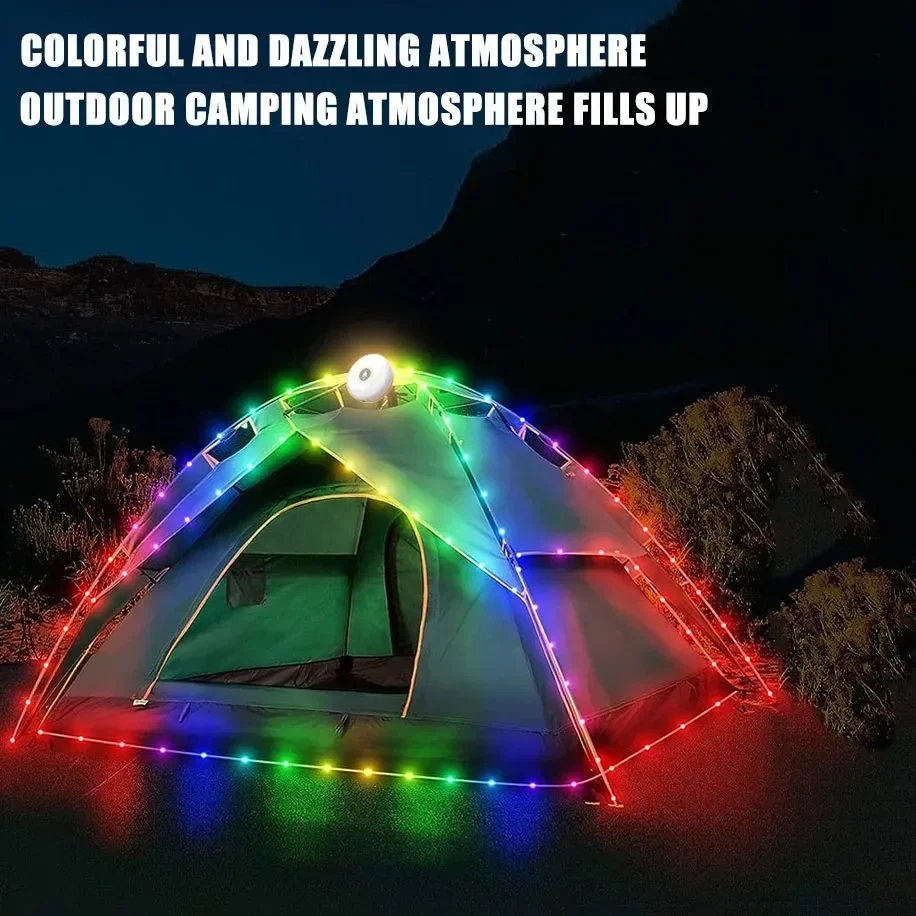 Luces solares para acampar al aire libre, cadena de luces de 10 metros, luz para tienda de campaña al aire libre, luz de ambiente RGB, linterna LED con gancho ﻿
