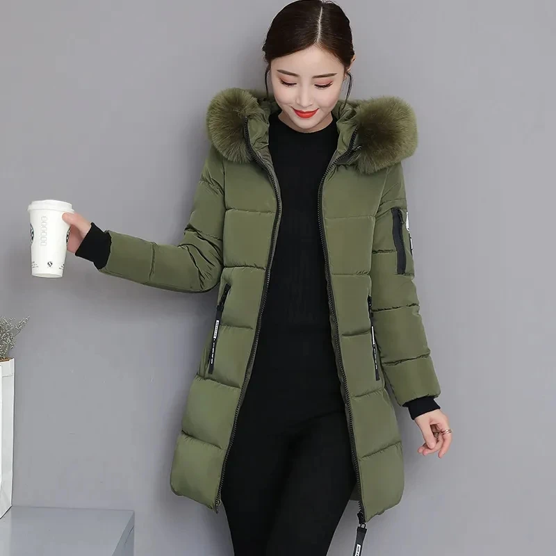 Abrigo de algodón coreano nuevo de invierno 2026 para mujer, chaqueta de longitud media con cuello de piel grande, abrigo grueso y cálido con capucha para mujer