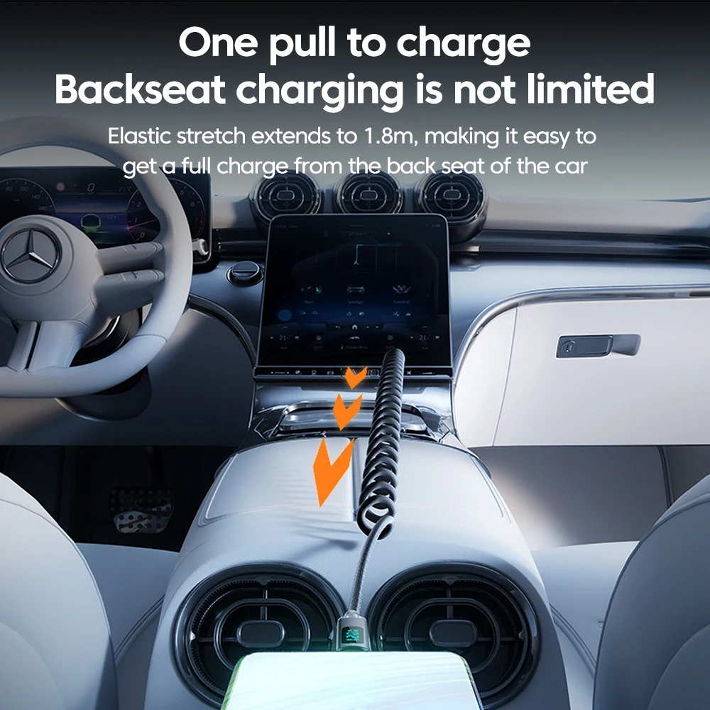 Cable retráctil para coche de 120W, resorte de pantalla Digital, Cable USB A tipo C a tipo C para Samsung iPhone 16, Cable cargador de carga rápida