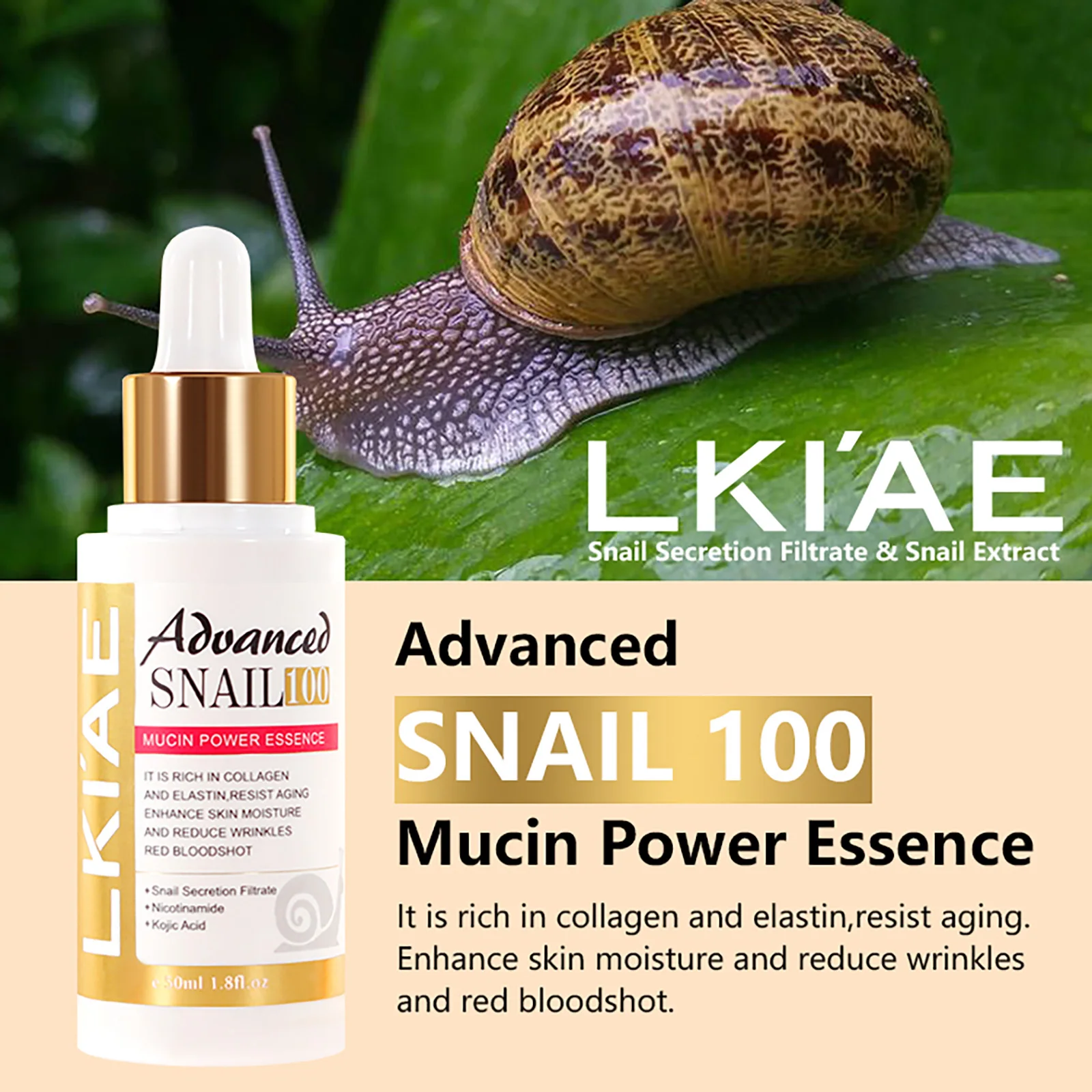 Esencia Facial Avanzada con Mucina de Caracol LKIAE para Mujeres, Serum Iluminador y Reafirmante de la Piel, Reduce Arrugas, Líneas de Expresión y Manchas Oscuras, con Colágeno