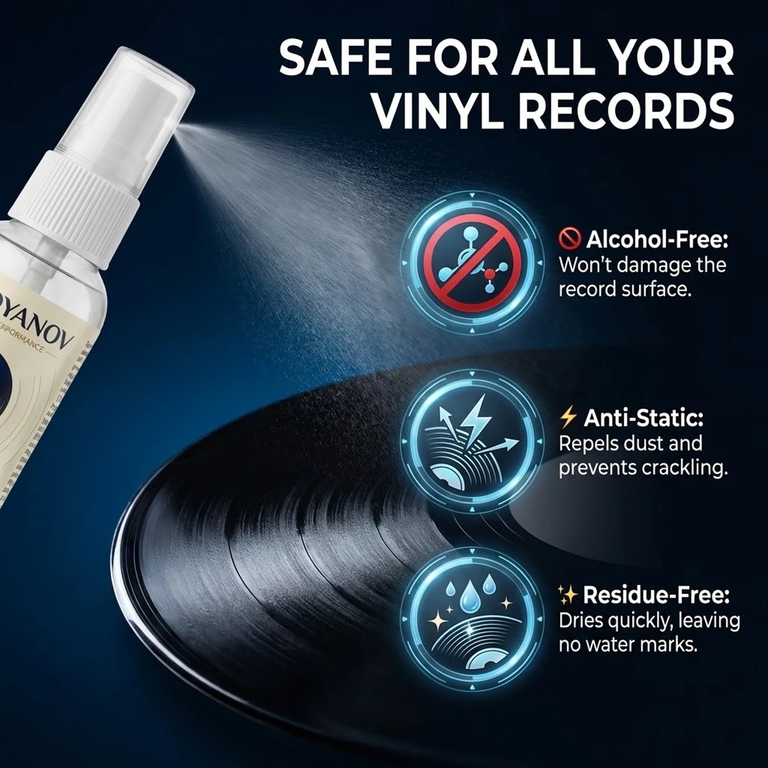 Kit Profesional de Limpieza de Discos de Vinilo con Spray sin Alcohol, Cepillo de Terciopelo y Limpiador de Agujas para el Mantenimiento de Tocadiscos LP