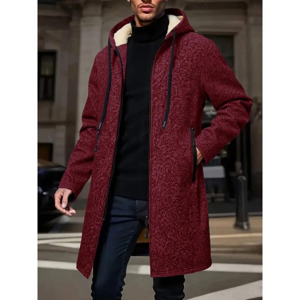 Abrigo largo cálido de invierno para hombre, chaqueta con cremallera, cortavientos con cremallera, abrigo grueso de lana a prueba de viento, chaqueta informal con capucha de Color contrastante