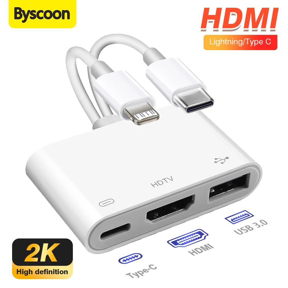 Adaptador Lightning/Tipo C a HDMI/USB A/Tipo C con Carga para iPhone 17 16 a TV 2K, Cable Digital AV HD para Sincronización de Pantalla