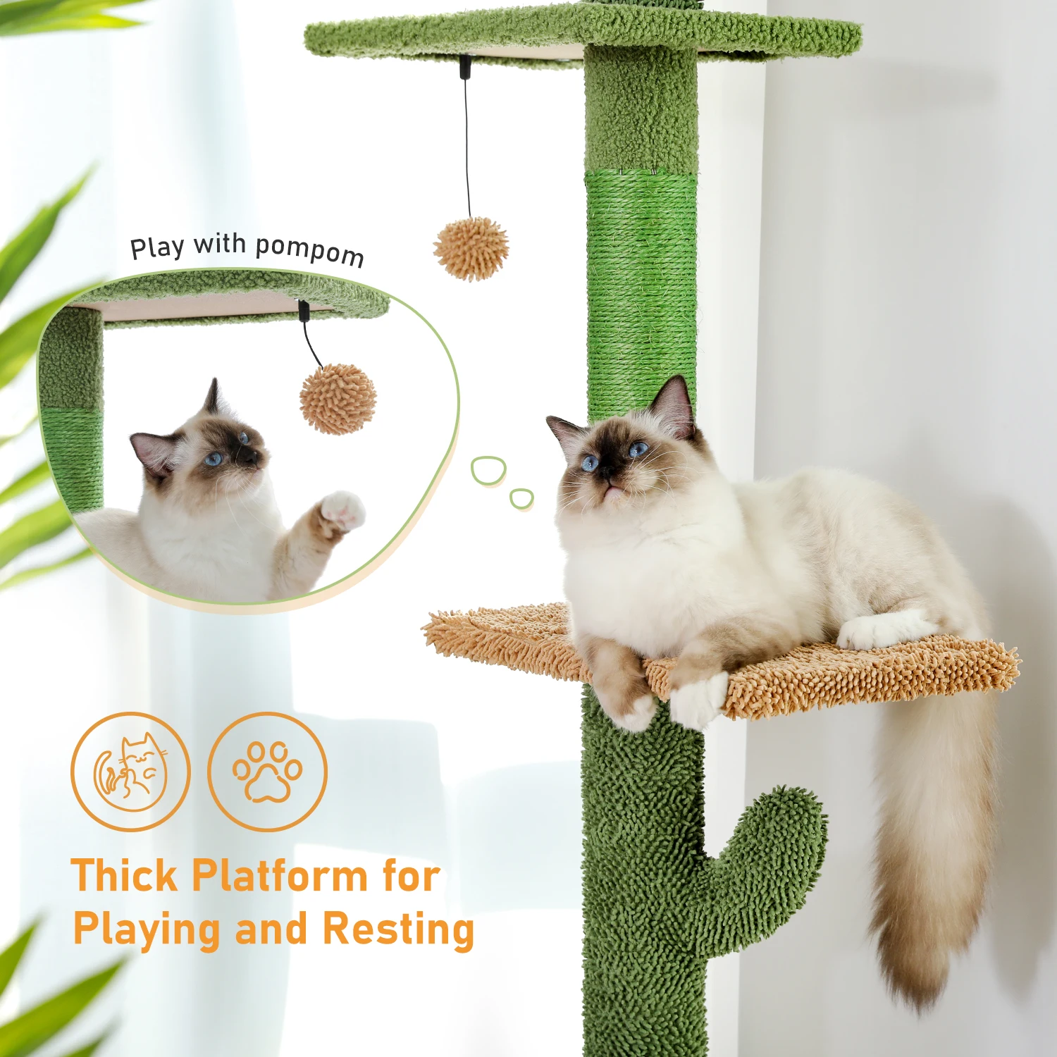 Árbol para gatos de 5 niveles, torre para gatos de piso a techo, árbol trepador alto de Cactus con poste rascador, hamaca, bola colgante para gatos de interior