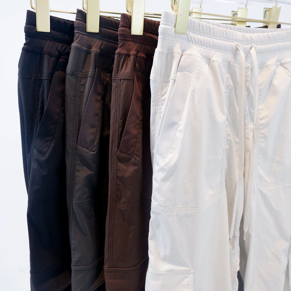 LULU FLORA Nuevos pantalones de trabajo, textura vertical, pantalones casuales de yoga de cintura media de pierna ancha de corte recto para mujer, secado rápido, cordón