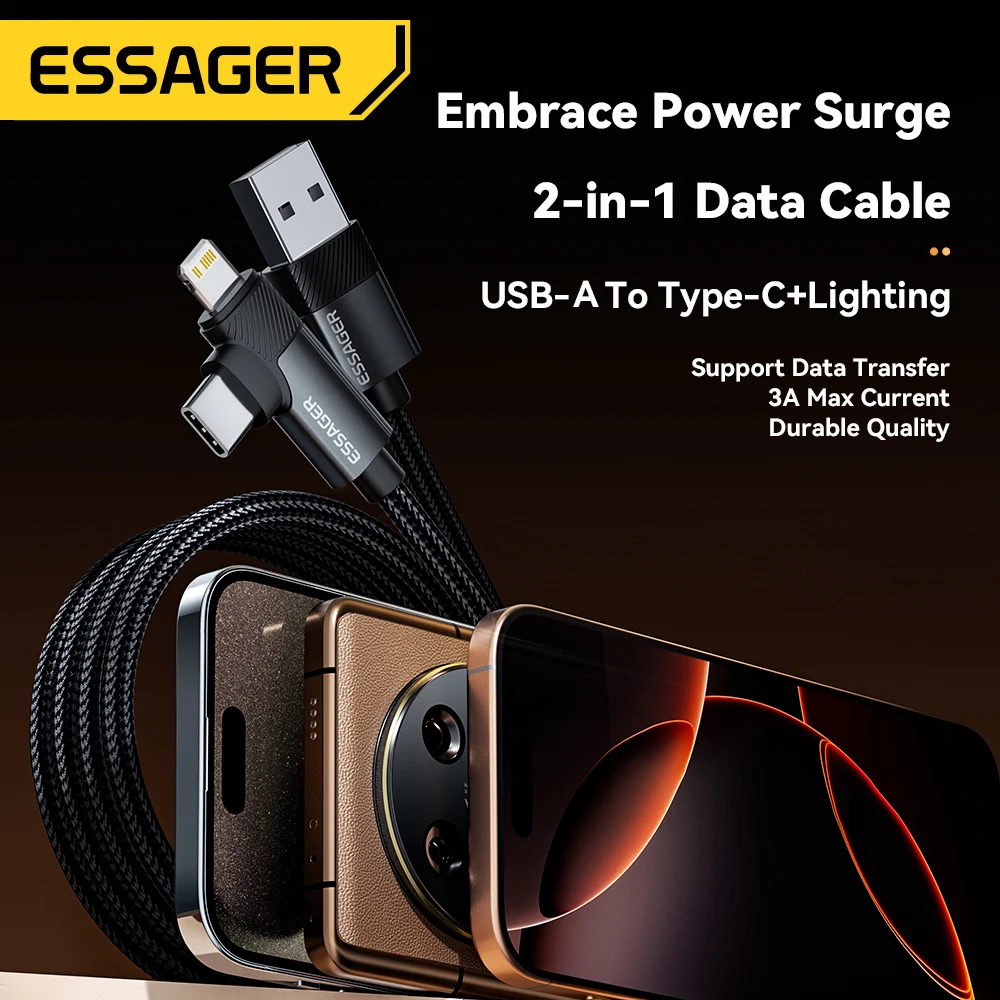 Essager-Cable de ángulo recto 2 en 1, USB A a iluminación Typec, Cable de datos de codo de carga rápida 3A para iPhone 16, 15, 14, Samsung, iPad Pro