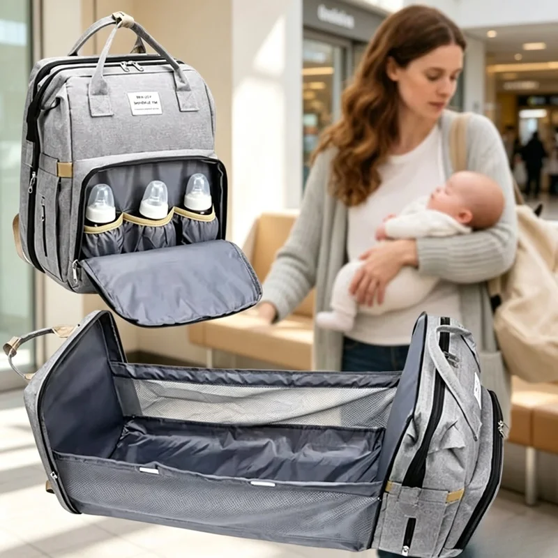 Mochila Pañalera de Gran Capacidad para Mamá con Cambiador, Cama Plegable para Bebé y Bolsa de Lactancia para Almacenamiento de Biberones