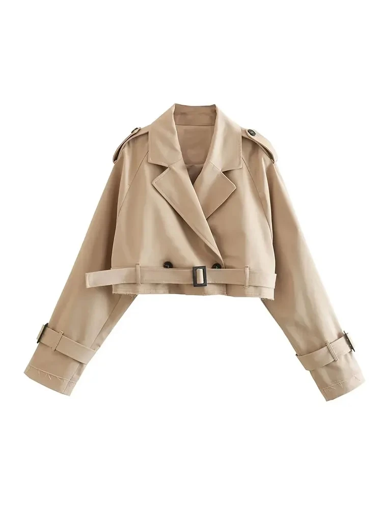 Gabardina recortada con cinturón para mujer, chaqueta de primavera, ropa de calle Vintage, Top de manga larga con doble botonadura, trajes de abrigo para mujer 2024