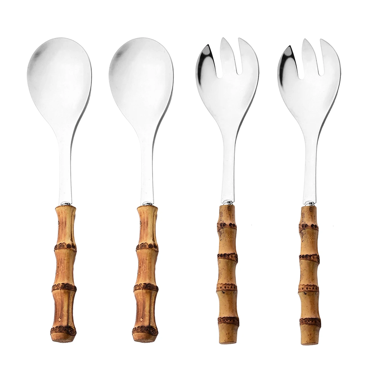Cuchara para servir con mango largo, tenedor, mango de madera de bambú, tenedor para ensalada, vajilla de cocina de acero inoxidable, juego de cubiertos, 2/4 Uds.