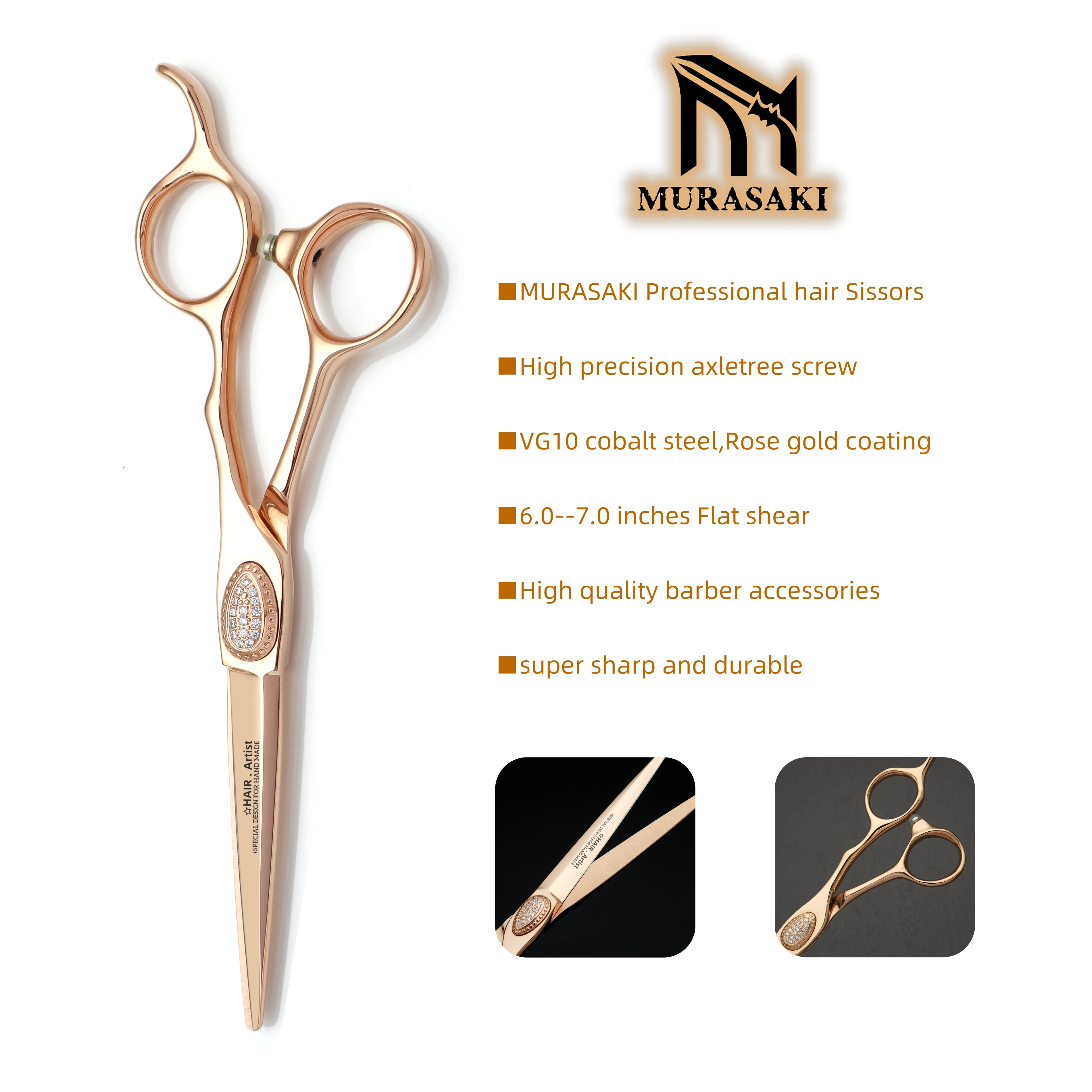 Tijeras de Peluquería MURASAKI en Oro Rosa, Tijeras Profesionales para Cortar el Cabello, Tijeras Planas de Acero Cobalto VG10, Herramienta de Barbería de Alta Gama