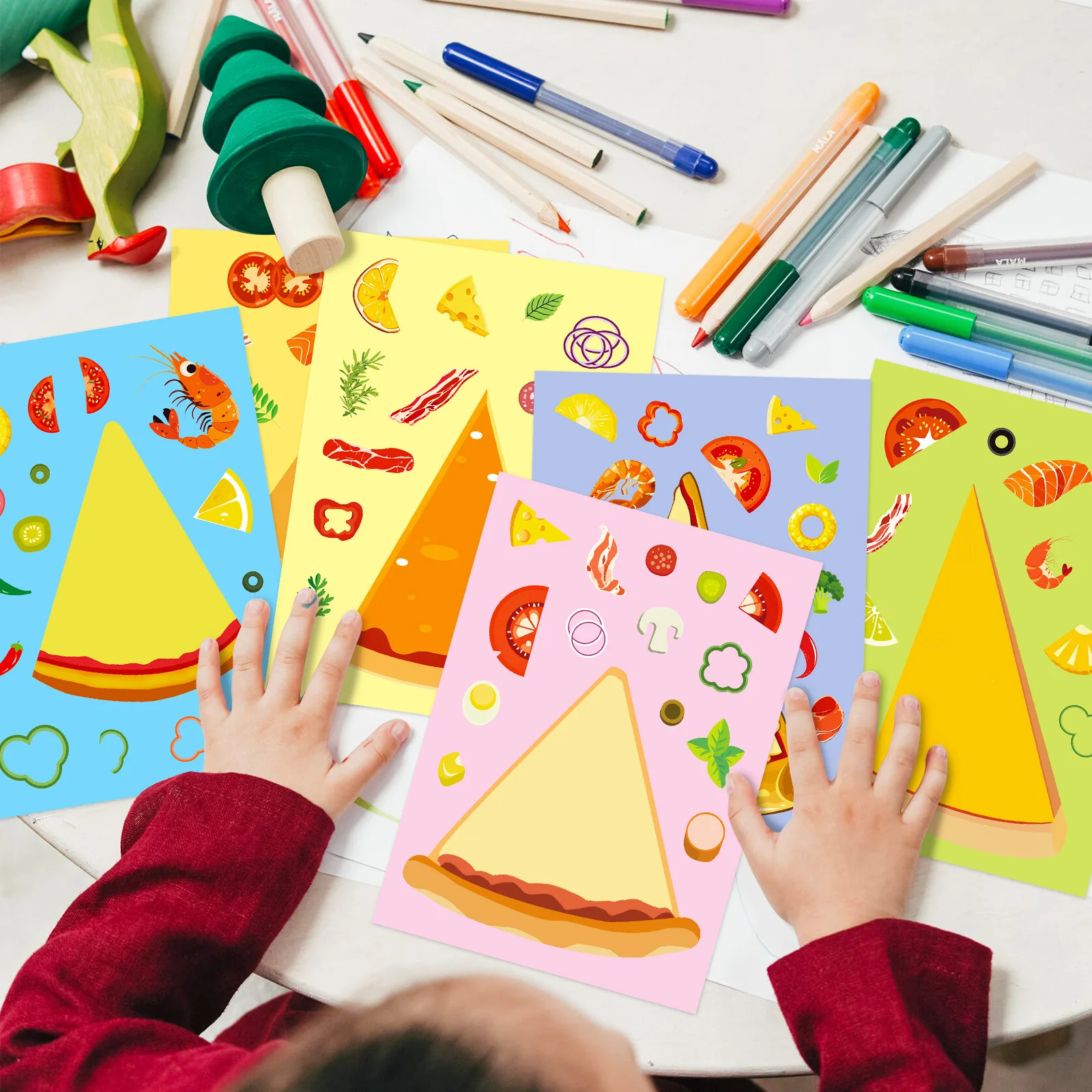 6 hojas DIY rompecabezas pegatinas juegos 6 Pizza para todos los sabores hacer una cara divertido montar rompecabezas pegatinas juguetes educativos para niños